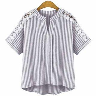 Lace Trim Short-sleeve Striped Blouse