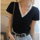 Short-sleeve Lace Trim T-shirt Black & White - One Size
