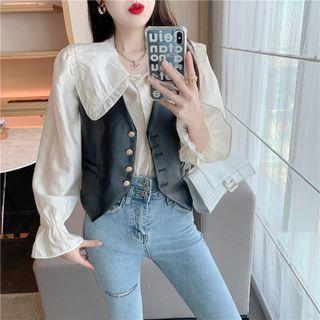 Ruffle Trim Flared-cuff Blouse / Faux Leather Vest