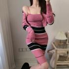 Set: Spaghetti Strap Striped Sheath Dress + Cardigan Pink & Black & White - One Size