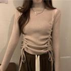 Long-sleeve Mock-neck Cutout Drawstring Knit Top