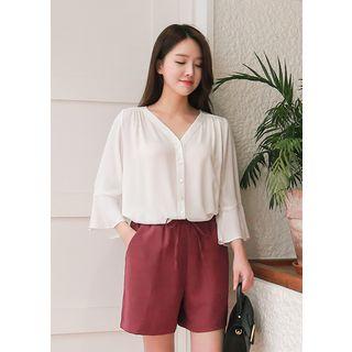 V-neck 3/4-sleeve Ruffle-cuff Chiffon Blouse