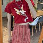 Angel Print Short-sleeve T-shirt / Striped Mini Straight-fit Skirt