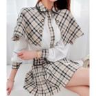Plaid Cape Blouse & Pleat Miniskirt Set