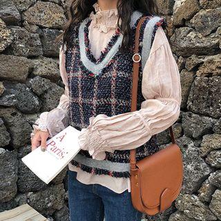 V-neck Tweed Vest Vest - As Shown In Figure - One Size