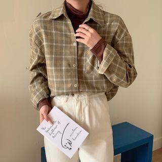 Polo-neck Plaid Pocket Shirt Green - One Size