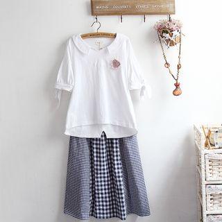 Set: Short-sleeve Blouse + Check Panel A-line Skirt