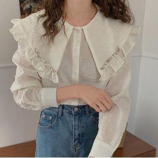 Puff-sleeve Rhinestone Ruffled Blouse