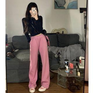 Long-sleeve Plain Cropped T-shirt / Loose Fit Pants