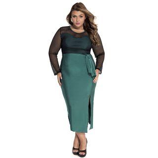 Fishnet Panel Long Sleeve Midi Dress