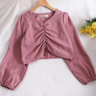 Frilled Long-sleeve Chiffon Cropped Blouse