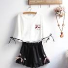 Elbow-sleeve Embroidered T-shirt / Frill Hem Embroidered Culottes