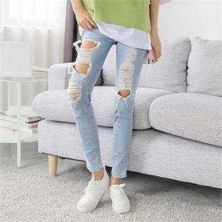 Distressed Wash Straight-cut Jeans