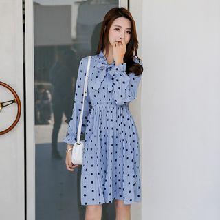 Bow Neck Dotted Print Pleated A-line Dress