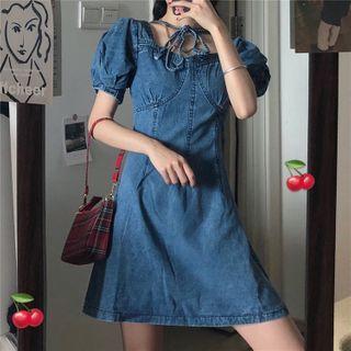 Square-neck Puff Short-sleeve Denim Mini Dress