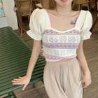 Puff-sleeve Open-knit Blouse White - One Size