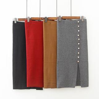 Buttoned Knit Midi Sheath Skirt