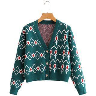 Jacquard V-neck Cropped Knit Cardigan 9237 - Dark Green - One Size