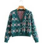 Jacquard V-neck Cropped Knit Cardigan 9237 - Dark Green - One Size