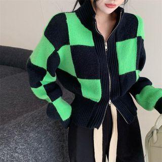 Check Zip Cardigan Green & Black - One Size