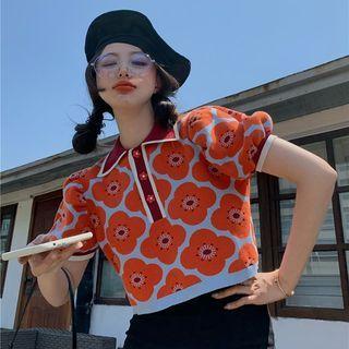 Short-sleeve Floral Knit Polo Shirt Floral - Tangerine - One Size