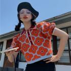 Short-sleeve Floral Knit Polo Shirt Floral - Tangerine - One Size