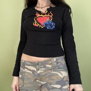 Long Sleeve Rose & Fire Print Crop Top