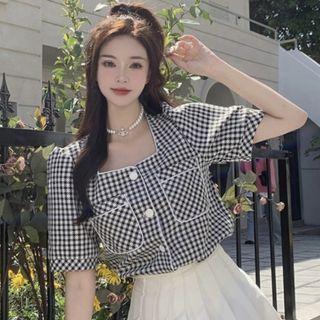 Short-sleeve Square Neck Houndstooth Blouse