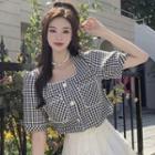 Short-sleeve Square Neck Houndstooth Blouse