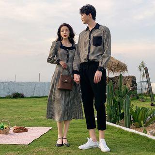 Couple Matching Puff-sleeve Plaid Midi A-line Dress / Plaid Shirt / Straight Leg Pants