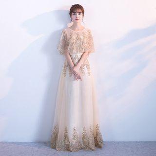 Elbow-sleeve Embellished Mesh Gown