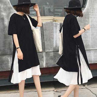 Set: Side Tie Short-sleeve T-shirt + Pleated Hem Spaghetti Strap Dress