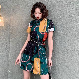 Mandarin Collar Short-sleeve Printed Mini A-line Dress