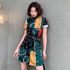Mandarin Collar Short-sleeve Printed Mini A-line Dress