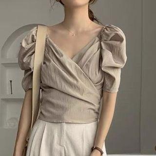 Puff-sleeve V-neck Plain Blouse Top