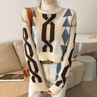 Turtleneck Geo Print Crop Sweater