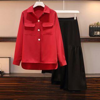 Set: Long-sleeve Shirt + Irregular Hem Midi A-line Skirt