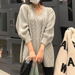 Balloon-sleeve Slit-side Cable-knit Top