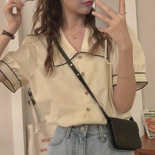 Short-sleeve Wide Collar Blouse Almond - One Size