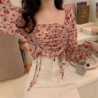 Drawstring Floral Chiffon Blouse