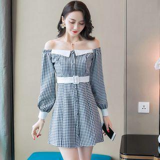 Puff-sleeve Off-shoulder Plaid Mini A-line Dress