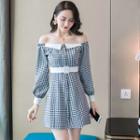 Puff-sleeve Off-shoulder Plaid Mini A-line Dress