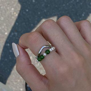 Faux Gemstone Faux Pearl Alloy Open Ring 1 Pc - Green & Silver - One Size