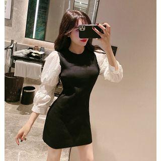 Puff-sleeve Mini Sheath Knit Dress Long - One Size