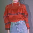 Striped Ruffle Trim 3/4 Sleeve Sweater