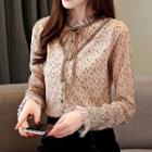 Long-sleeve Dotted Tie-neck Mesh Top