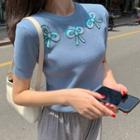 Short-sleeve Sequin Knit Top Blue - One Size