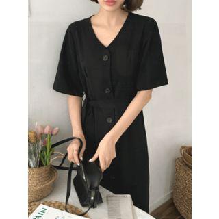 Button-front Tie-waist Long Dress