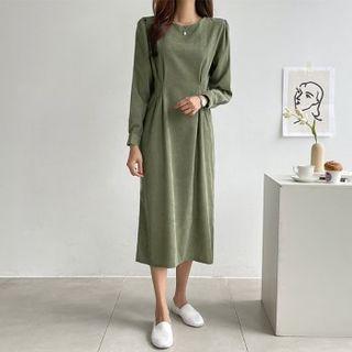 Puff-sleeve Pintuck-waist Corduroy Dress