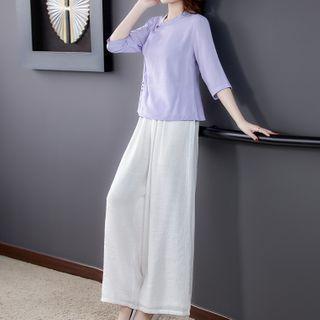 Set: Elbow-sleeve Cheongsam Top + Wide Leg Pants